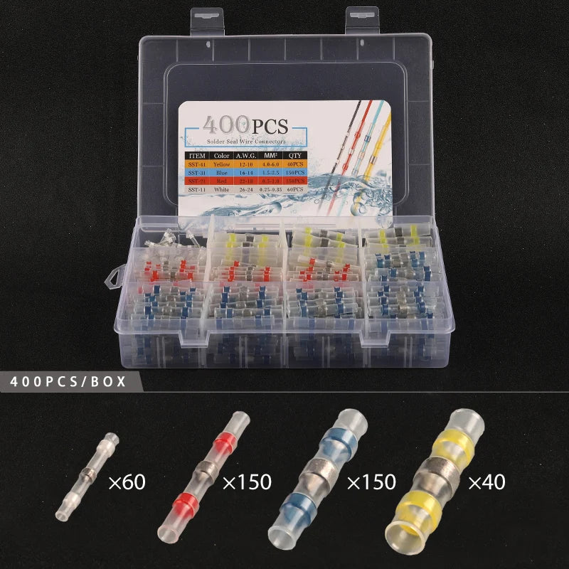 50/100/120/150/250/400Pcs Boxed Heat Shrink Tin Butt Connectors Waterproof Solder Seal Sleeve Splice Terminals 26-10AWG 0.25-6mm