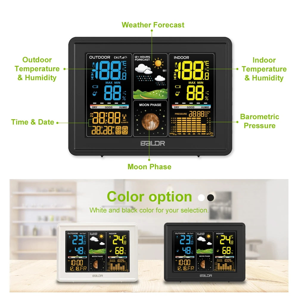 BALDR Wireless Digital Weather Station RCC Atomic Alarm Clock Calendar Temperature Humidity Moon Phase Barometer Forecast Sensor