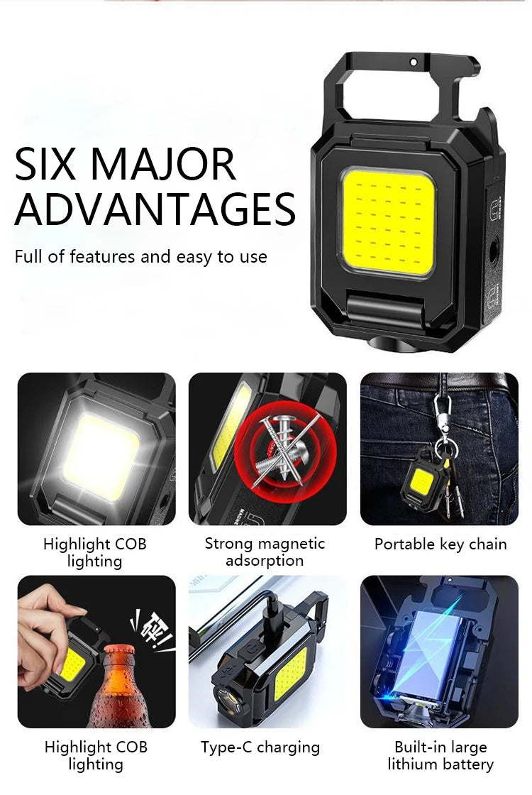 Keychain Light Mini Multifunctional Camping Flashlight USB Rechargeable LED Portable Bright COB Pocket Clip Lantern Outdoor Work