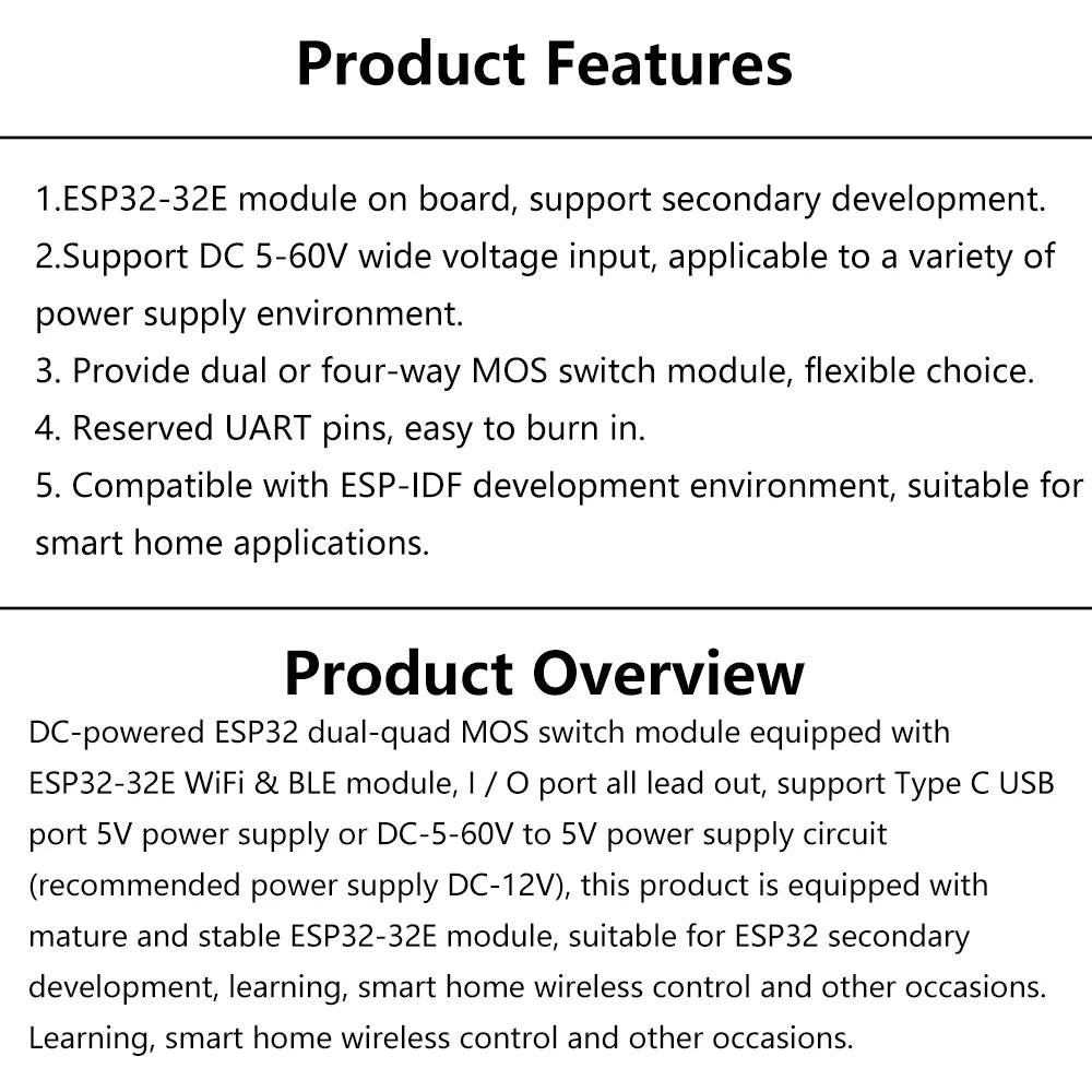 DC 5-60V 2/4 Way Mos Switch Module On-Board Esp32-32E Module Wifi Bluetooth ESP Development Board Type C
