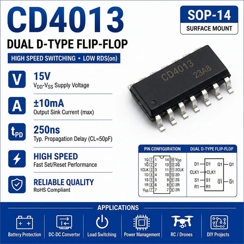 (10 pcs) CD4013BE DIP-14/CD4013BM SOP-14 CD4013 Dual D-Type Flip-Flop 3V-18V