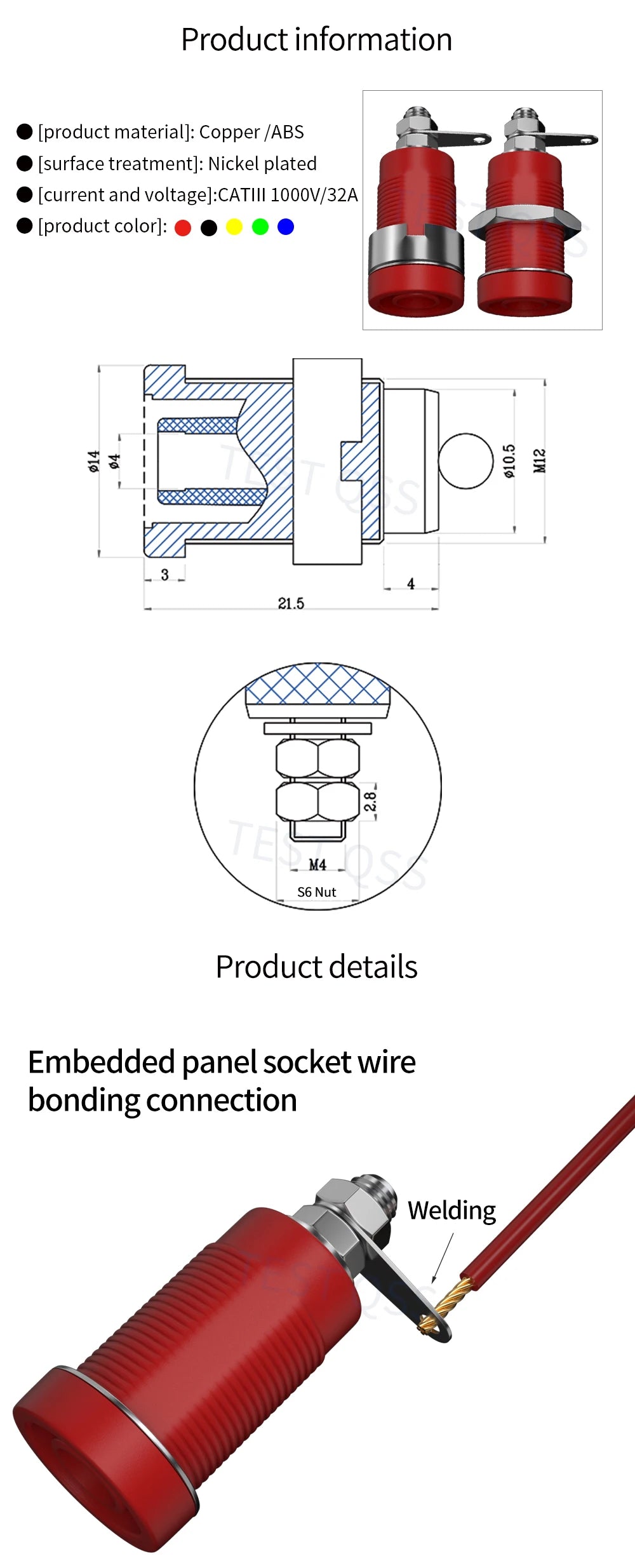 QSS 10pcs 4mm Safety Banana Socket Panel Socket Banana Plug Jack Electrical Connector Tool
