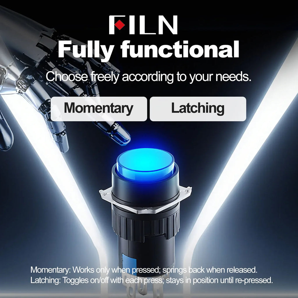 FILN 16mm 5-Unit LED Push Button Switch Momentary Latching Plastic Button 5pins Red Green Blue 12V 24V 220V Industrial Equipment