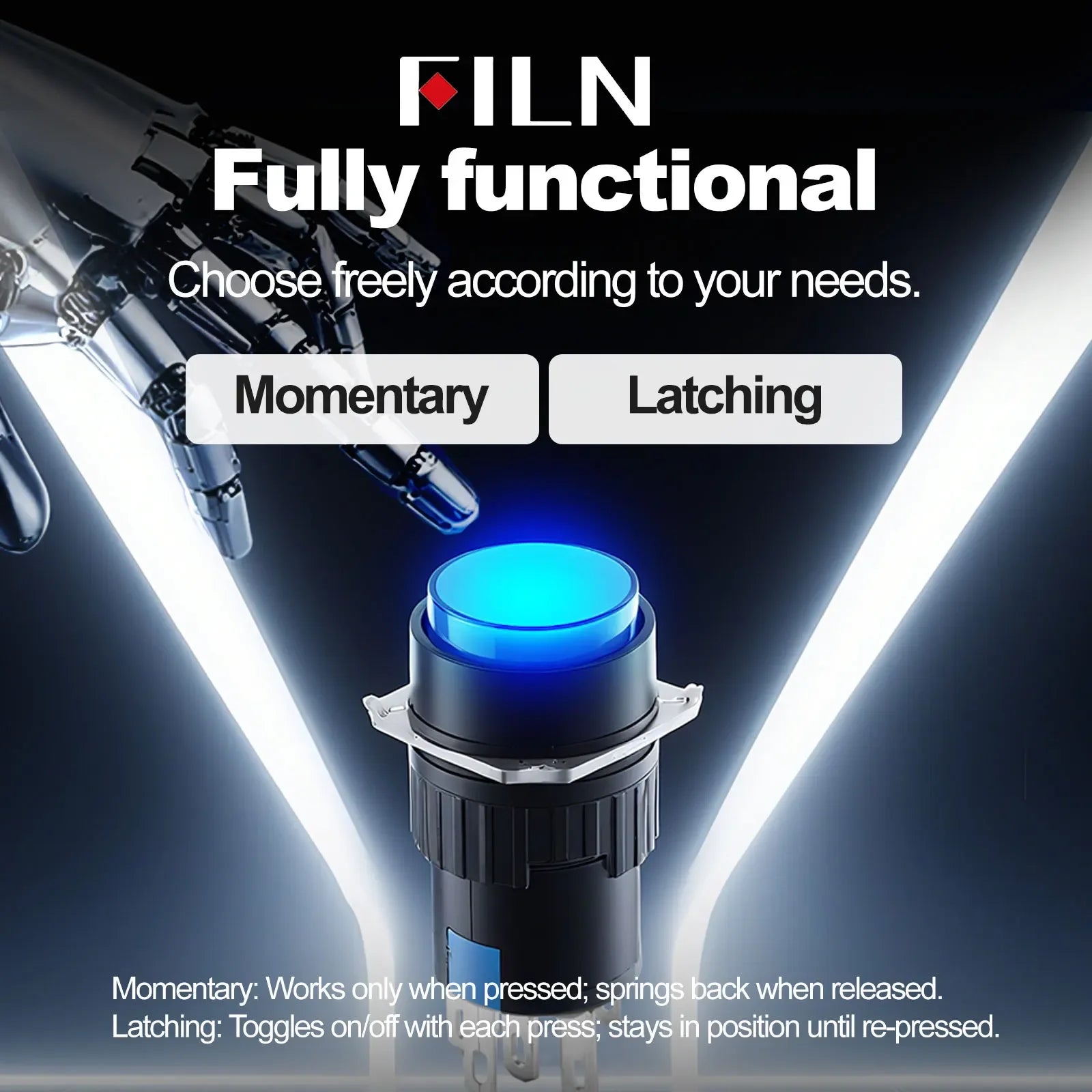 FILN 16mm 5-Unit LED Push Button Switch Momentary Latching Plastic Button 5pins Red Green Blue 12V 24V 220V Industrial Equipment