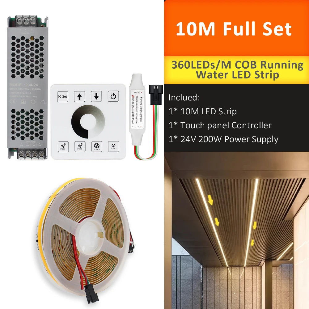 COB Horse Race LED Strip 24V WS2811 Running Water Flowing Light 360LEDs/m RF Touch Panel Controller 5M for Home Decoration