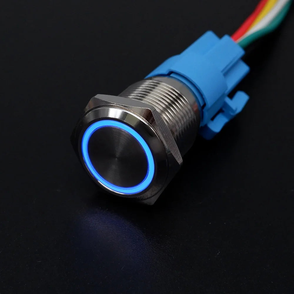 16/19/22mm Metal Push Button On Off Switch LED Light Momentary Latching Waterproof Flat Circular Button Silver Black 6v 12v 220v