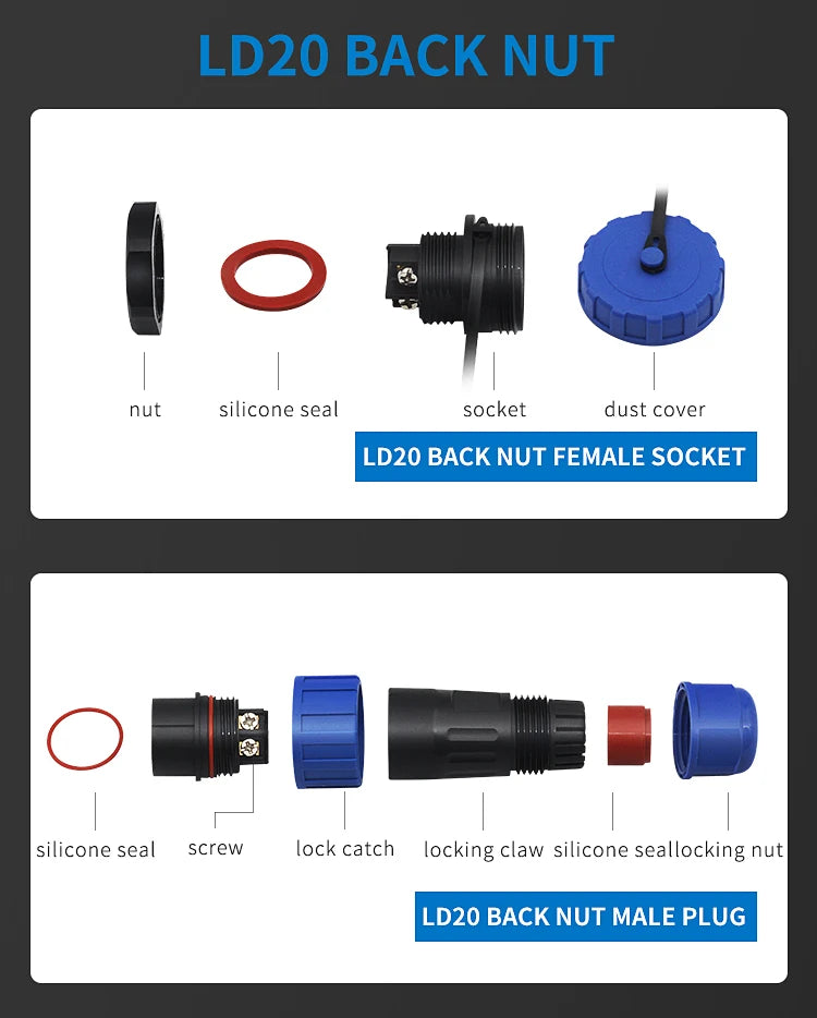 Waterproof IP68 Aviation Plug LD20-2/3/4/5/6/7 Pin No-welding Screw crimp Wire cable Connector Male Plug and Female Socket
