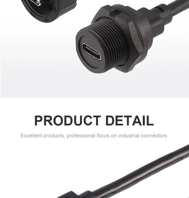 CAZN Waterproof IP67 IP68 Type C Female to Male PFC Flat Cable 3.1 Speed Threaded-type Type-C 3.1 10GB 3A 20V