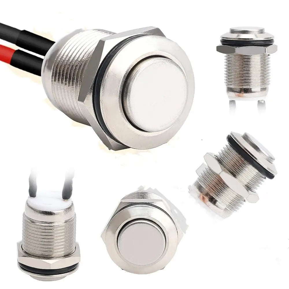5pcs 12mm Momentary Push Button Switch Silver Shell with pre-Wiring, IP65 Waterproof Push Button Switch,Stainless Steel Normally