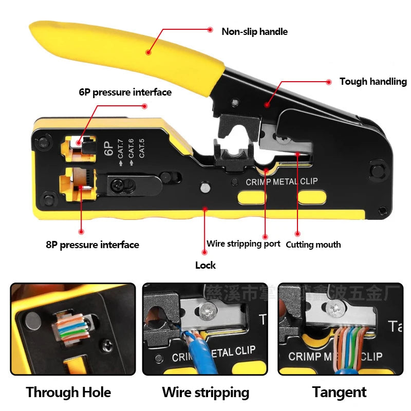 Rj45 Rj12 Rj11 Pass Through Crimp Plier Cat7 Cat6 Cat6A Cat5 Cat5e Stripping Crimping Tool with 8P/6P Ethernet Connectors