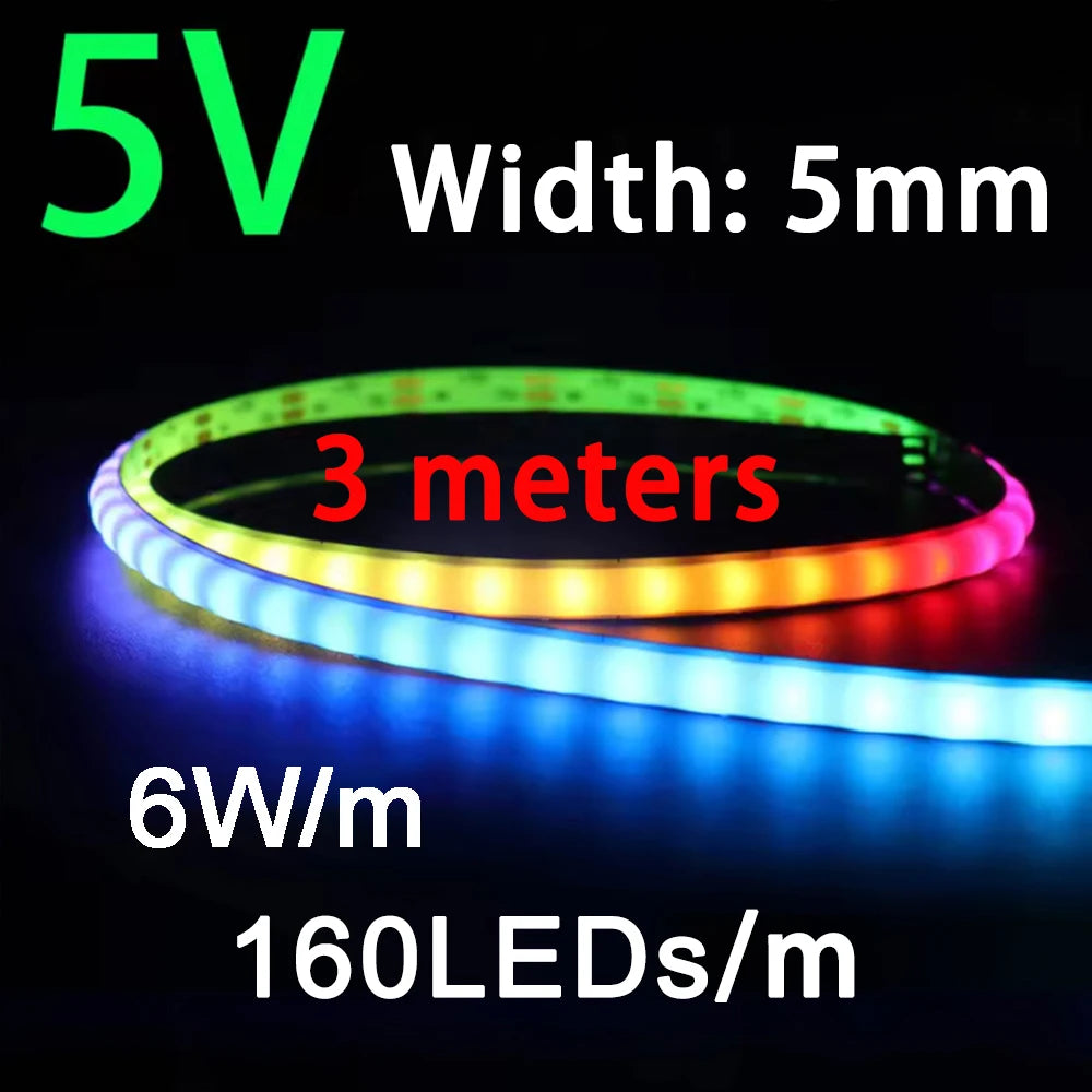 WS2812B COB LED Strip Lights DC5V 5mm Full Color SPI RGB-IC 100/160LEDs Individually Addressable Smart Pixels Tape Light