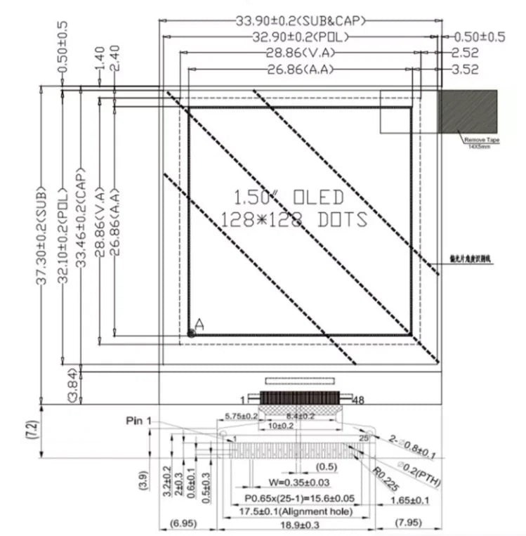 1.5 Inch OLED LCD White Display Module 1.5'' 128*128 Driver SH1107 COG I2C IIC SPI Serial Port 4PIN/7PIN Bare Screen 24PIN/25PIN