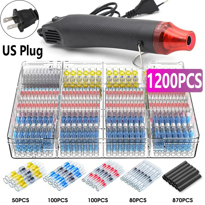 50-1200Pcs Solder Seal Wire Connectors Kit with 300W Heat Gun Waterproof Heat Shrink Butt Terminals Electrical Splice Set