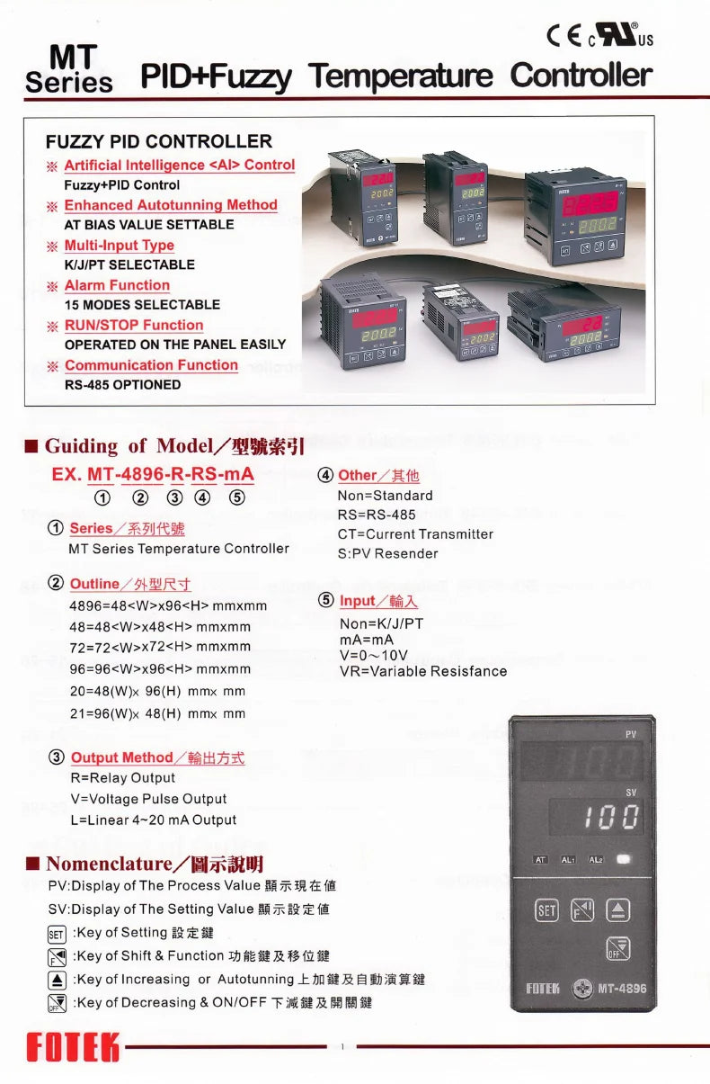 FOTEK Temperature Controller MT4896-R MT4896-V MT4896-L NT-21R NT-21-V NT-21-L MT-48VE-CT MT-96R-RS485 MT-48RE-CT MT-48LE-CT