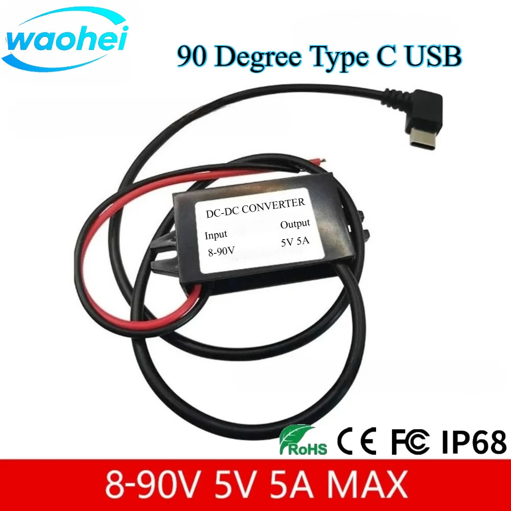 8-90V 12V 24V 48V 60V 72V 90V to 5V 5A 25WDC DC Step Down Converter Type-C Micro USB Buck Power Supply for Mobile Phone Charging