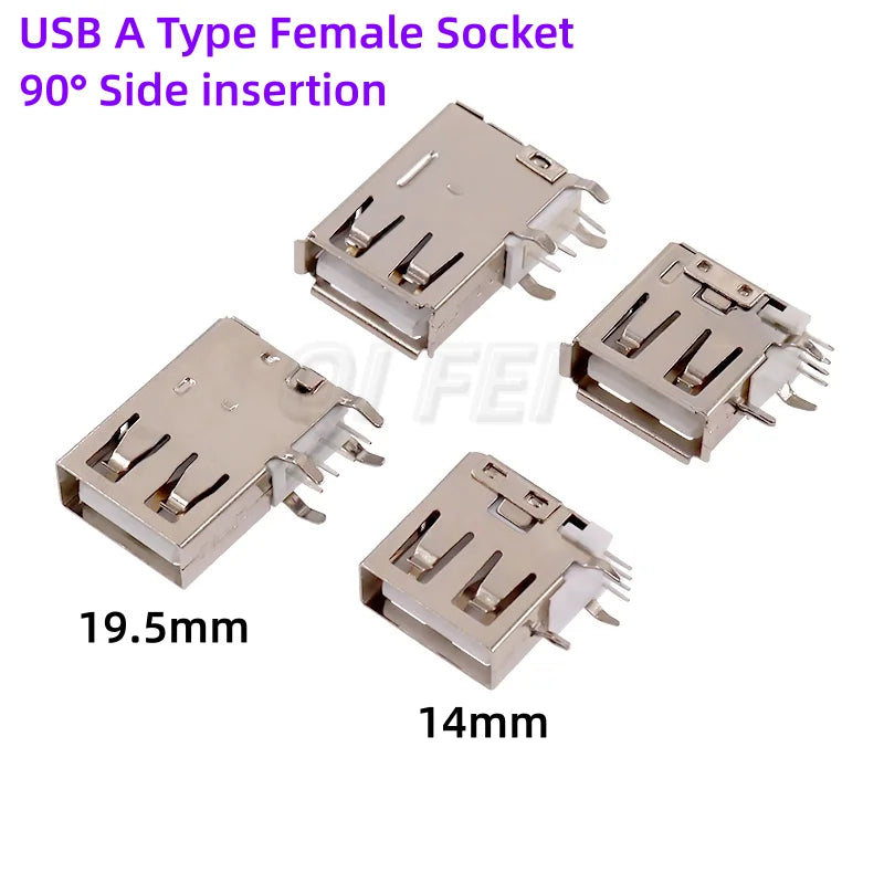 10PCS USB A Type Female Socket 14mm 19.5mm 4Pin AF 90° Right Angle Side Insertion Flat Edge Curled Edge 2.0 USB-A Type Connector