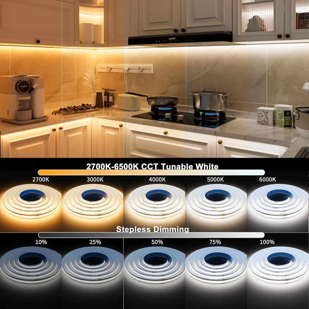 1M-5M Zigbee 3.0 CCT COB LED Strip DC 24V Double Color LED Tape Linear 2700K-6500KRA90 Tuya Zigbee Dimmable for Smartthing Alexa