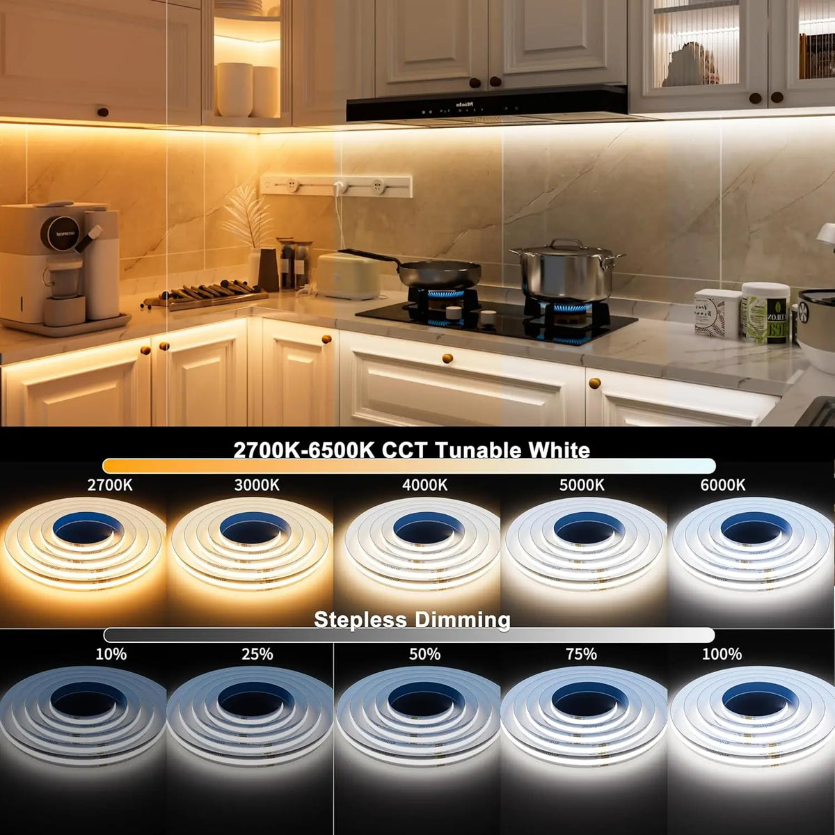 1M-5M Zigbee 3.0 CCT COB LED Strip DC 24V Double Color LED Tape Linear 2700K-6500KRA90 Tuya Zigbee Dimmable for Smartthing Alexa