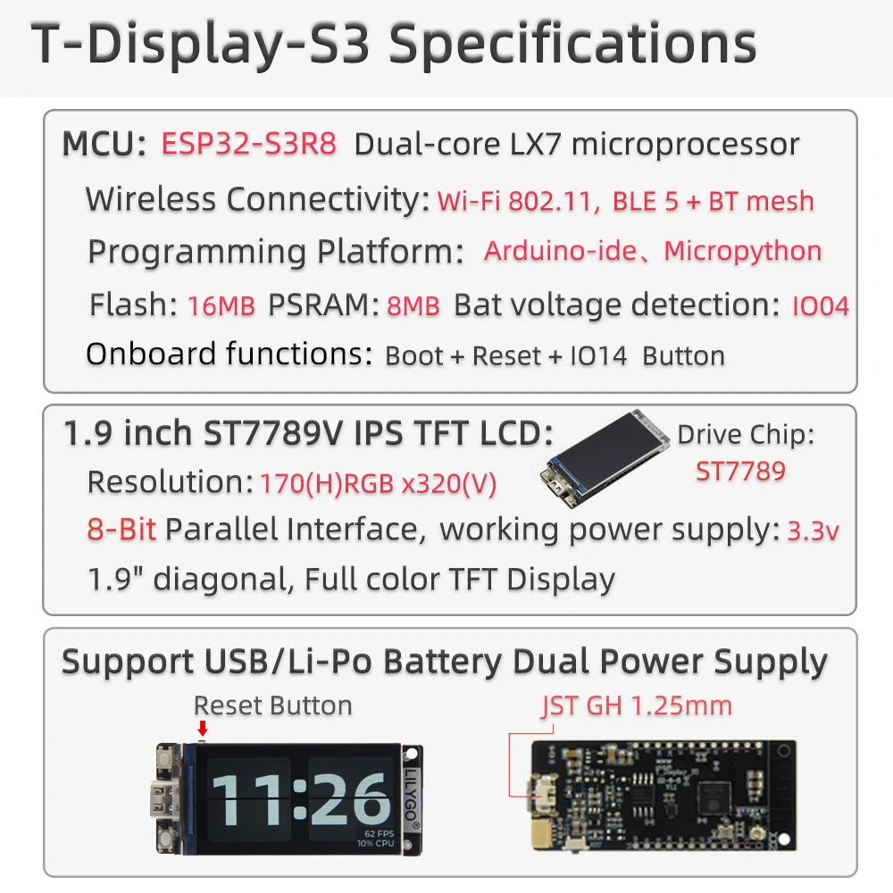 LILYGO® T-Display-S3 ESP32-S3 Development Board ST7789 1.9inch LCD Screen Display Module WIFI Bluetooth5 With Shell For Arduino