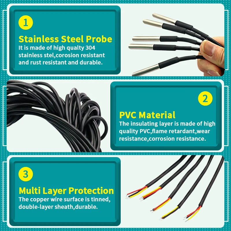 1PCS DS18B20 Temperature Probe Sensor Stainless Steel Package Waterproof Digital Temperature Sensor 1M/2M/3M