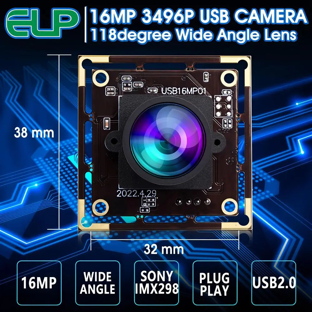 ELP 16MP IMX298 USB Camera Module 120° Low Distortion Wide Angle UVC Webcam for OCR Document Scanning