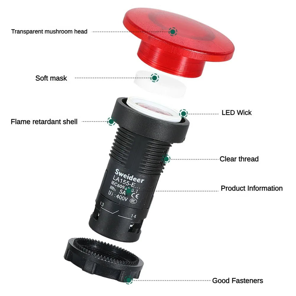 22mm Mushroom Button Switch Momentary Self Reset Emergency Stop Push Button Switch Power Start Switch with Light Red Green 5A