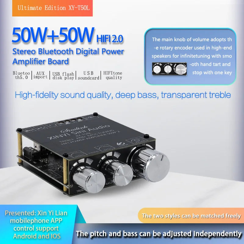 TPA3116D2 50W+50W Bluetooth 5.0 Subwoofer Amplifier Board 2.0 Channel High Power Audio Stereo AUX USB Bass CAR AMP t50l t50h
