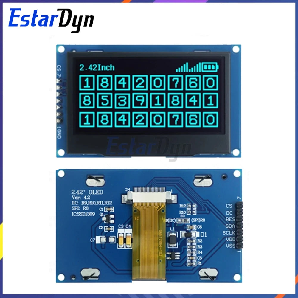 SSD1309 2.42 inch OLED Display 128x64 HD SPI/I2C Interface 7Pin for UNO R3, 3.3V/5V