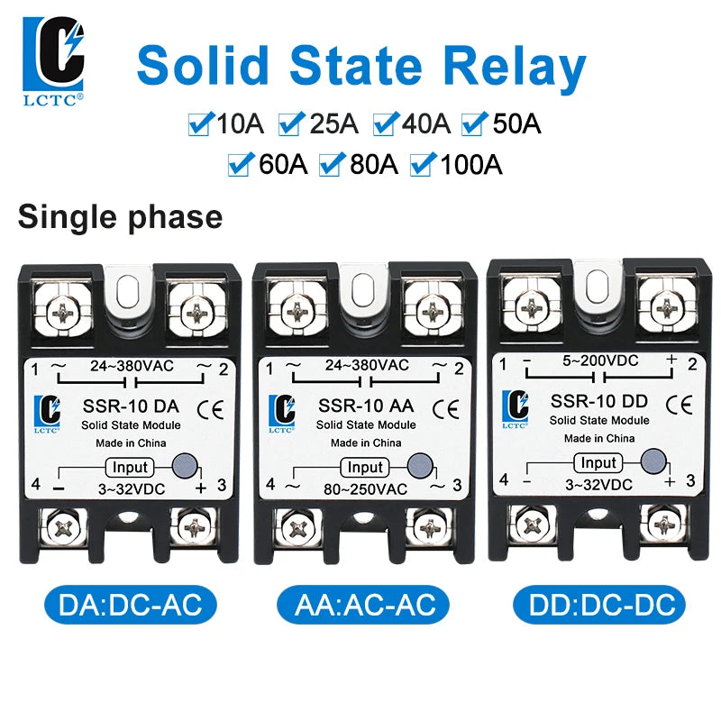 LCTC 1PCS SSR Solid State Relay DC To AC to DC 10A 25A 40A 50A 60A 80A 100A Zero-crossing Relay 3-32VDC