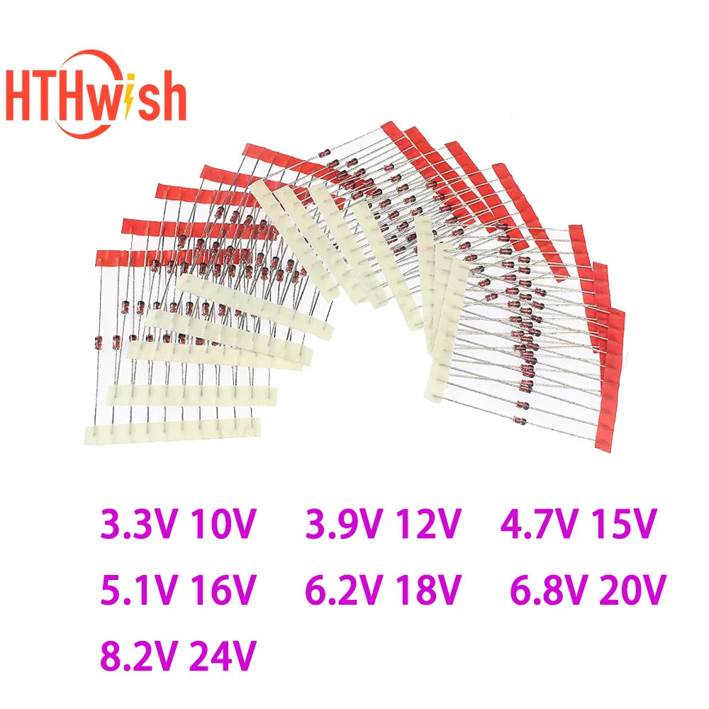 140PCS 1W Zener Diode Kit 3.3V~24V Electronic Components Diy Assorted Set 3.3V 10V  3.9V  12V  4.7V  15V  5.1V  16V  