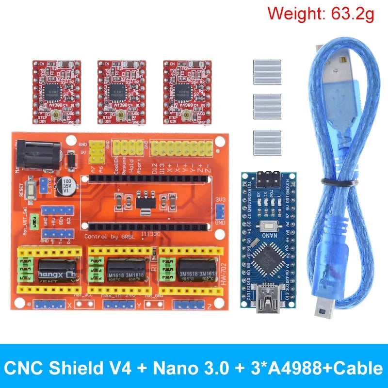 TZT 1SET 3DV4 CNC Shield V4 + Nano 3.0 + 3pcs DRV8825 or A4988  Reprap Stepper Drivers Set For  Arduino
