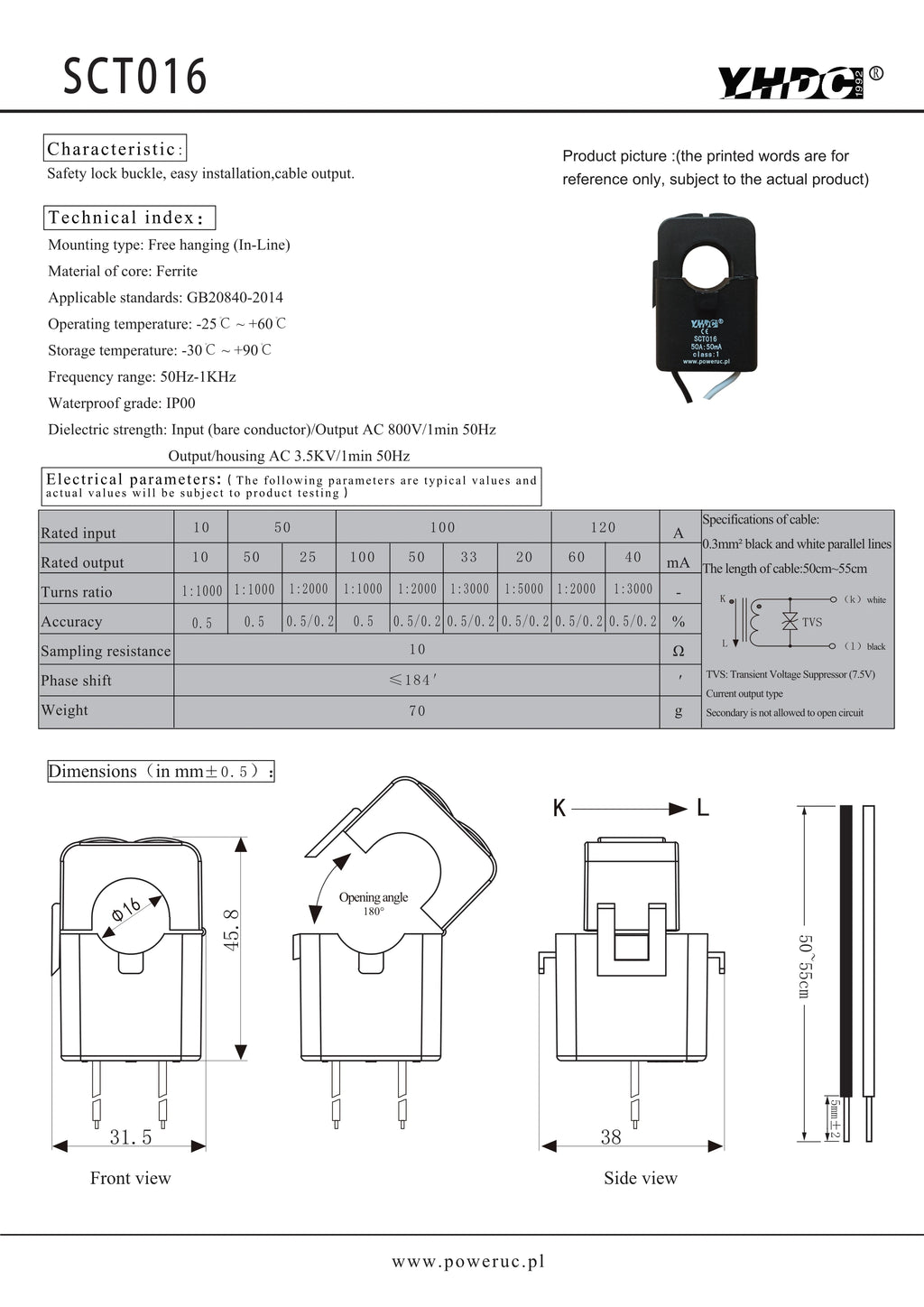 YHDC SCT016 Input 10A/50A/100A/120A Output 10mA/20mA/25mA/33mA/40mA/50mA/60mA/0.1A Accuracy 0.5% Split Core Current Transformer