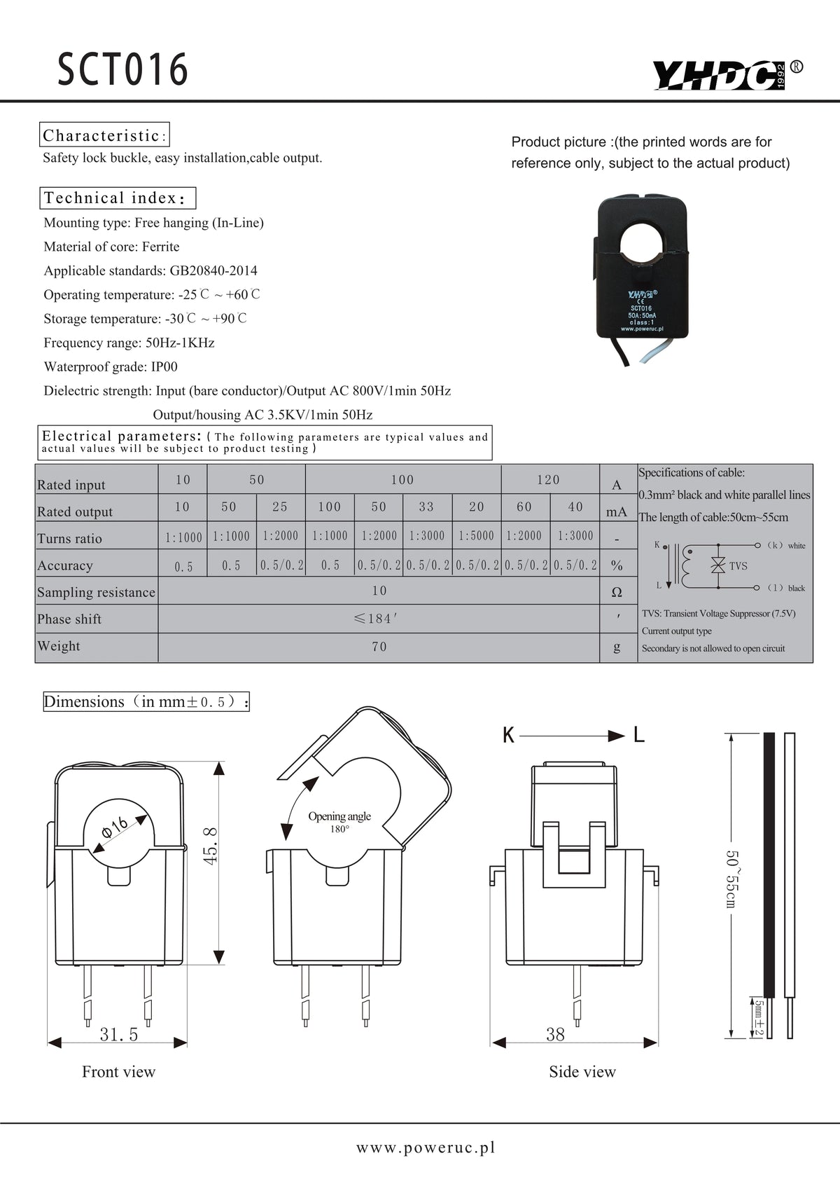 YHDC SCT016 Input 10A/50A/100A/120A Output 10mA/20mA/25mA/33mA/40mA/50mA/60mA/0.1A Accuracy 0.5% Split Core Current Transformer