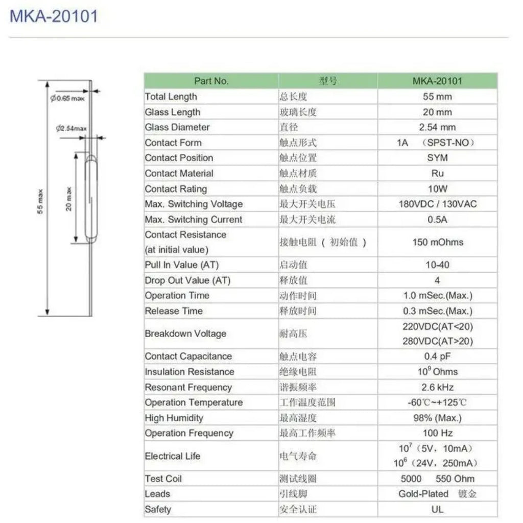 1/10/50PCS Original MKA20101 Reed Switch MKA-20101 Normally Open 2.5*20MM 0.5A 10W 180V Magnetic Control Switch Contact Sensor