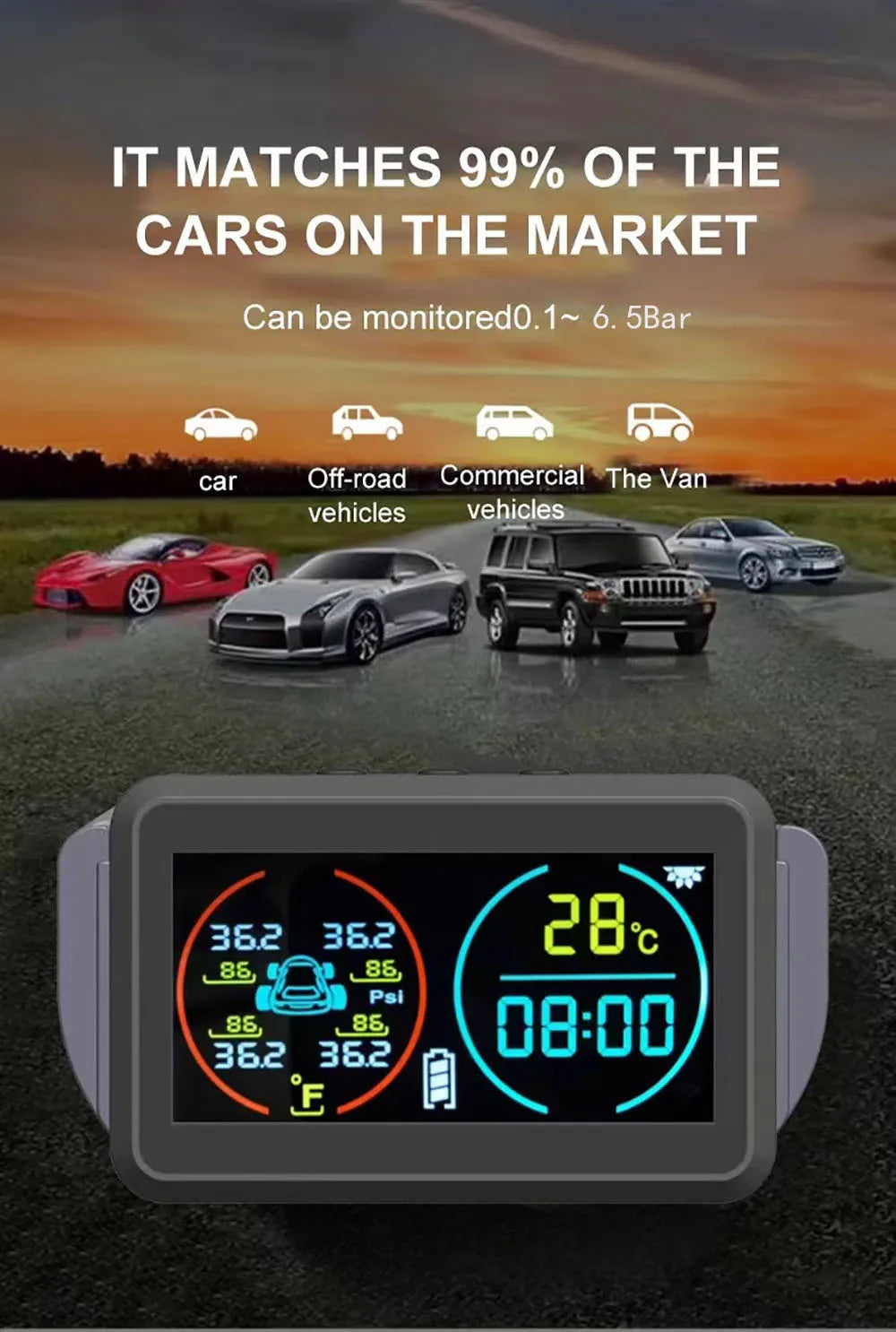 Smart Solar Power TPMS Car Tire Pressure Monitoring System Alarm Tyre Air Pressure Meter Gauge Temperature Warning 4 Sensors