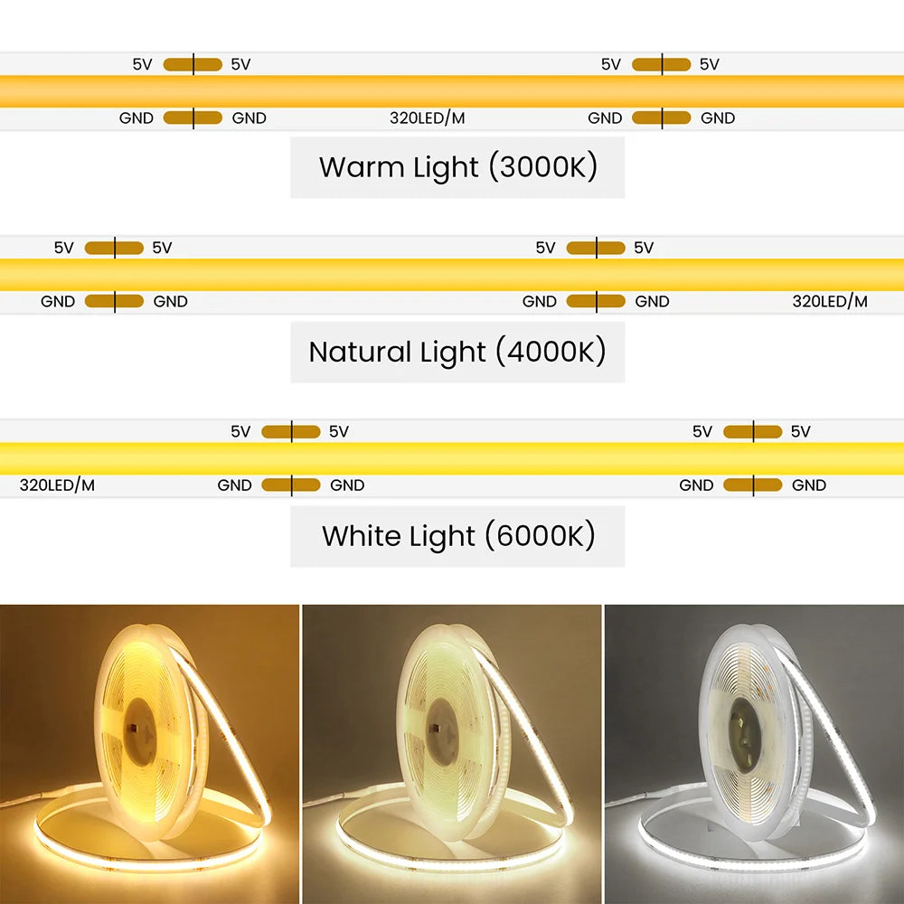 3mm 5mm PCB Battery Power COB LED Strip Light 5V Warm Natural White Blue Red Green Pink Tape 320LEDs 8mm High Density Flex Lamp