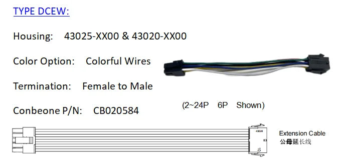 43025-0800 to 43020-0800 Extension Cable, 430250800 to 430200800 Female to Male Cable, Molex Micro Fit 3.0 Cable, 8P