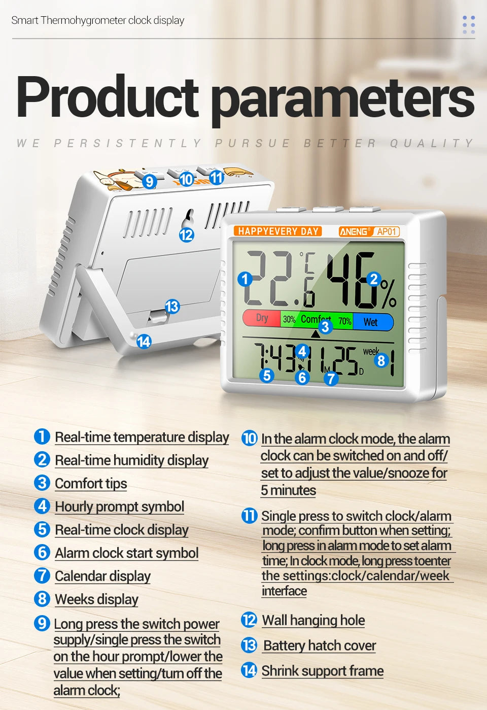 Digital Thermohygrometer Clock ANENG AP01 Snooze Alarm Mode Air Thermometer Humidity Multi-scenario High Precision Tester Tools