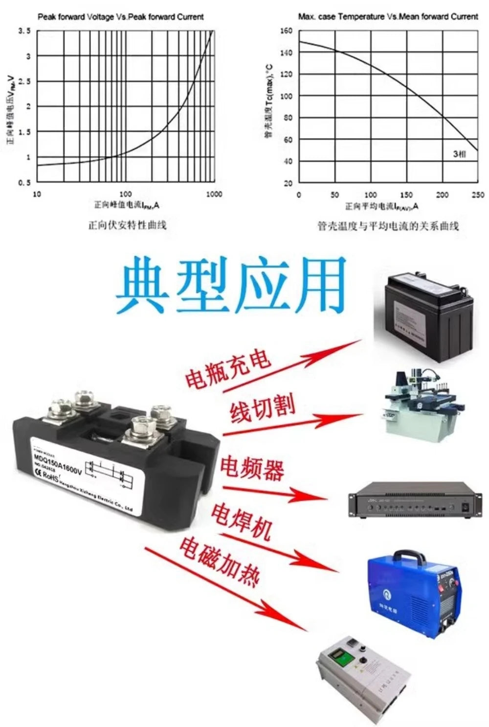 MDQ150A1600V single-phase rectifier bridge 12V 24V 36V 48V 220V 480V AC-DC High Power  module 150Amp 1600V