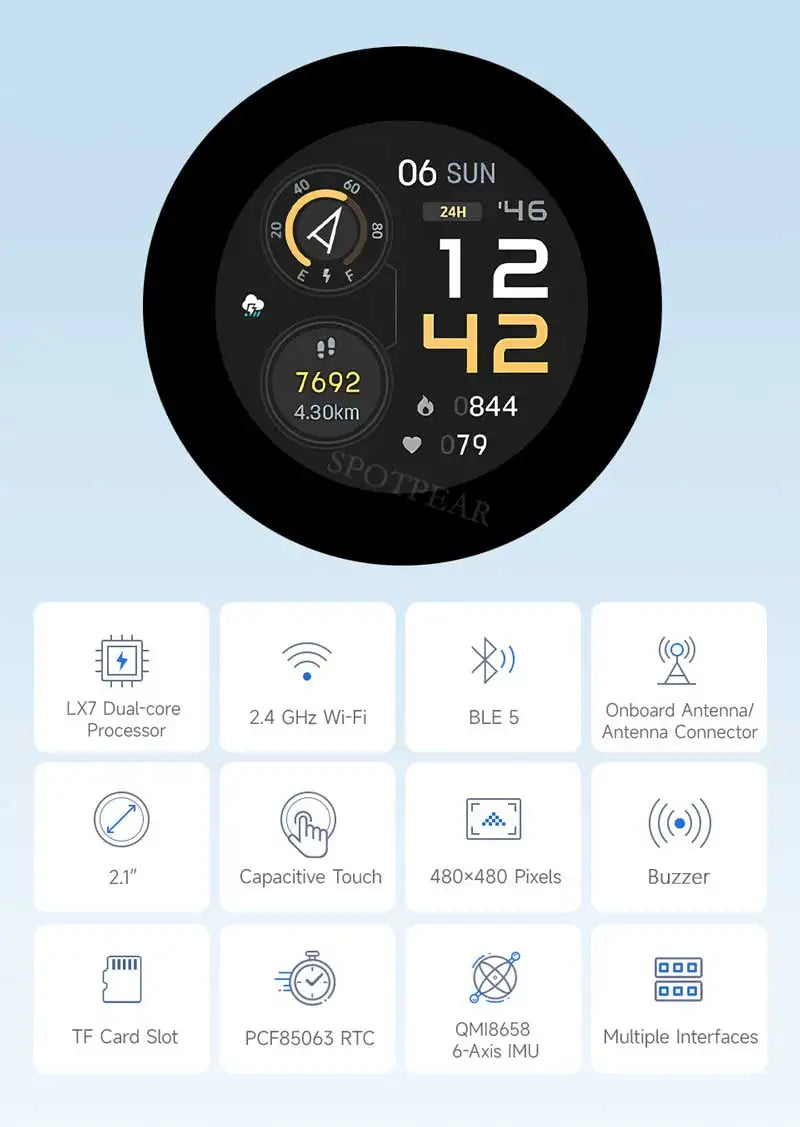 Waveshare 2.8 Inch Round Display ESP32 S3 Development Board 480×480 WiFi BT5 8MB PSRAM 16MB Flash 6-Axis IMU RTC Touch Optional