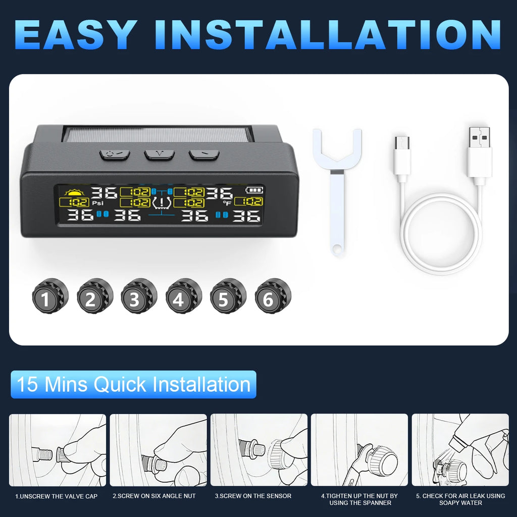 TPMS Tire Pressure Monitoring System Car Safety Alarm System Wireless Solar&USB Powered 4 Sensors with Color Digital Display