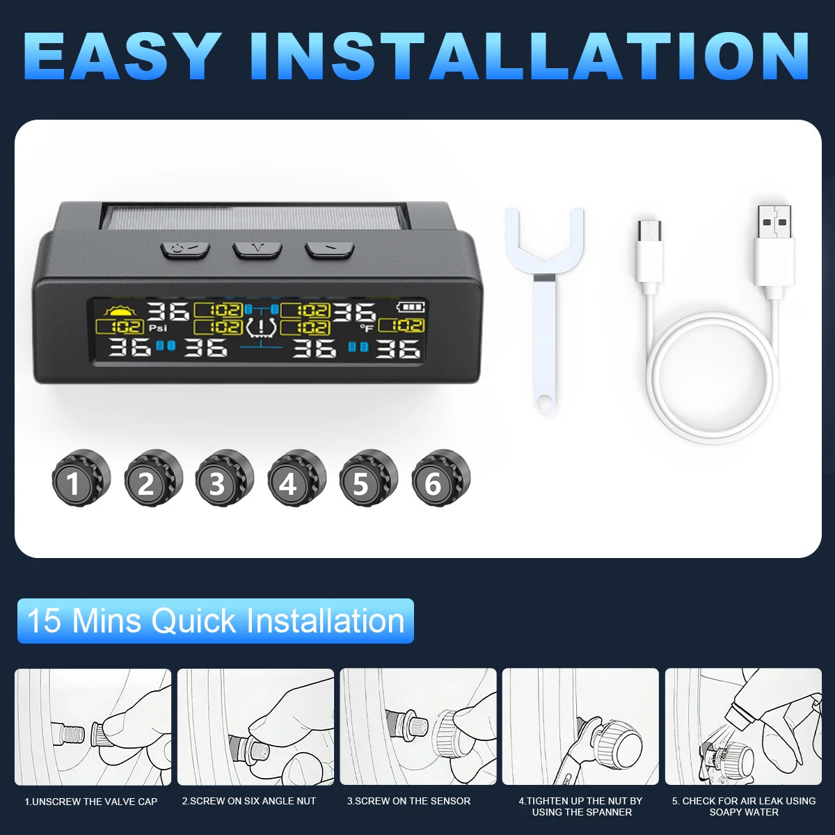 TPMS Tire Pressure Monitoring System Car Safety Alarm System Wireless Solar&USB Powered 4 Sensors with Color Digital Display