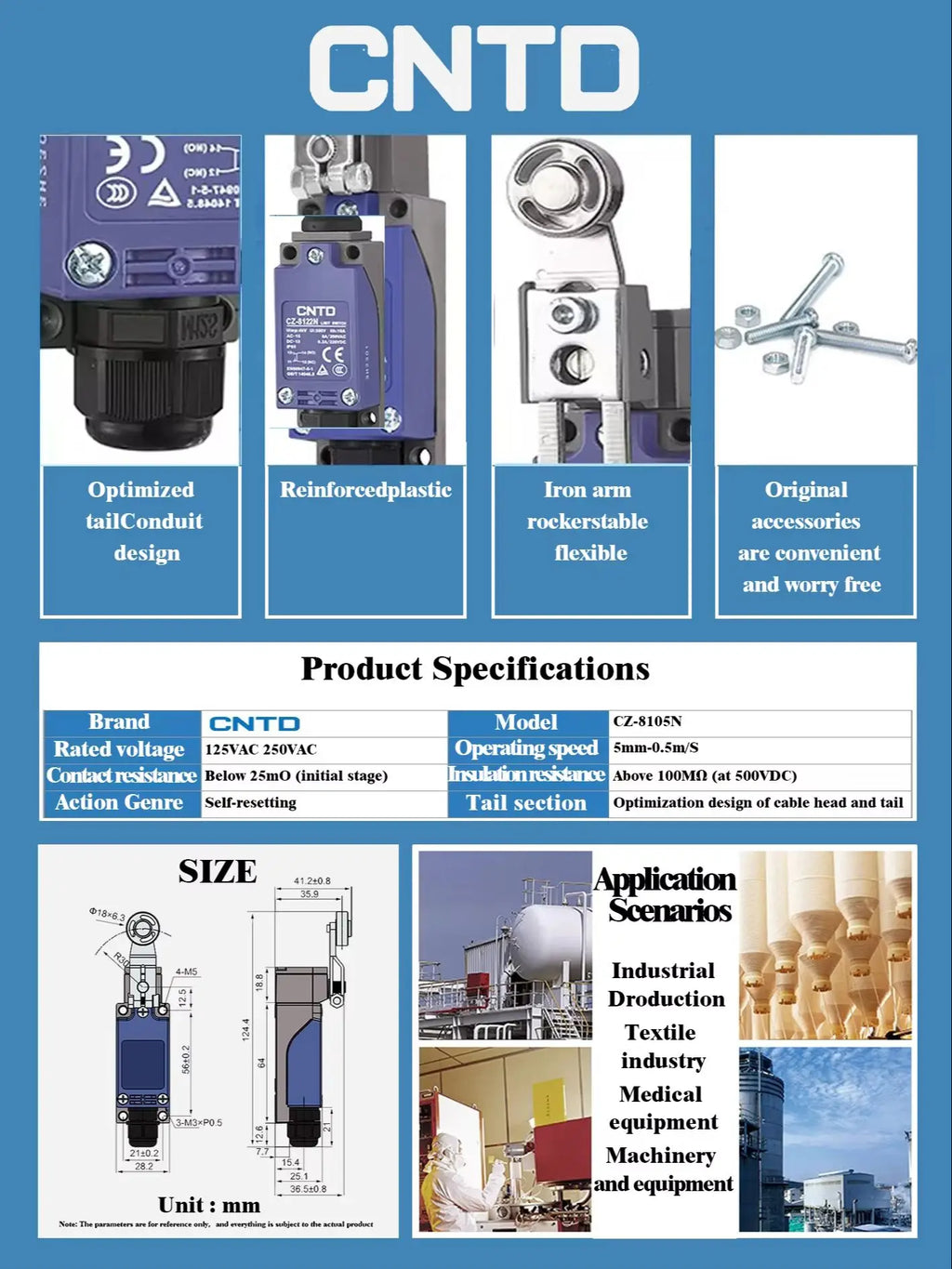 CNTD CZ-8105N Vertical Limit Switch IP65 5A 250VAC SPDT NO NC Roller Lever Micro Switch for CNC Machine