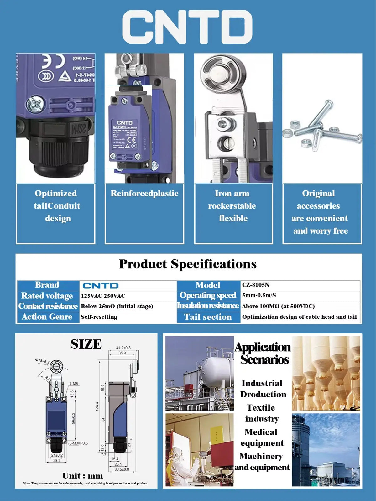 CNTD CZ-8105N Vertical Limit Switch IP65 5A 250VAC SPDT NO NC Roller Lever Micro Switch for CNC Machine