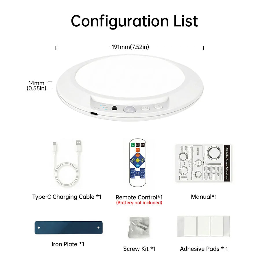 Magnetic Wireless Motion Sensor Ceiling Light USB Rechargeable 4000mAh Dimmable 3000K-6000K Remote Wall Lamp for Indoor