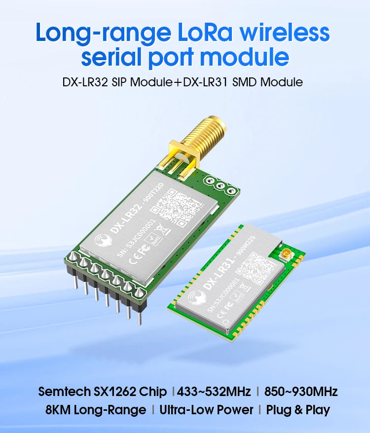 DX-LR32 SX1262 LoRa UART Module AT Command 5KM Range 432-533/850-949MHz No Programming Needed CE FCC Arduino