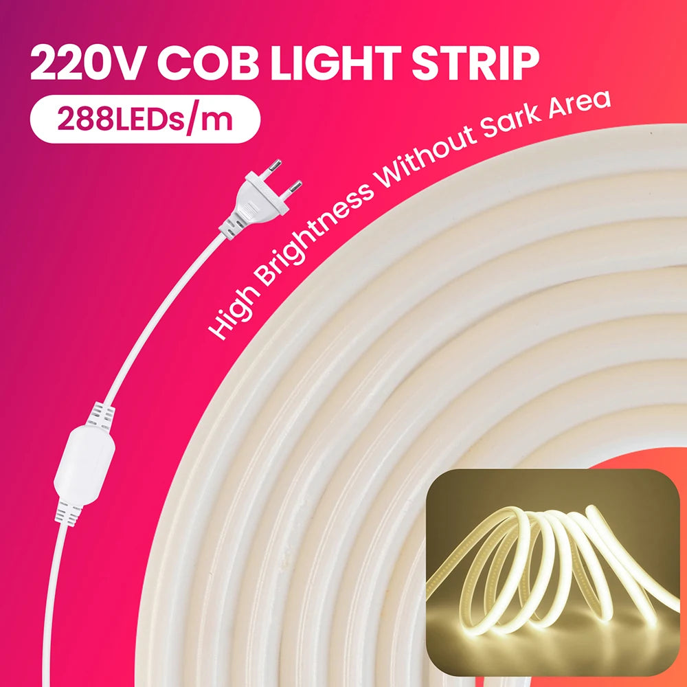 Dimmable 220V COB LED Neon Strip Light Switch Dimmer Power Kit 5m 10m 30m 3000K 4000K 6000K 288 LEDs Flex Tape 0.5m Waterproof