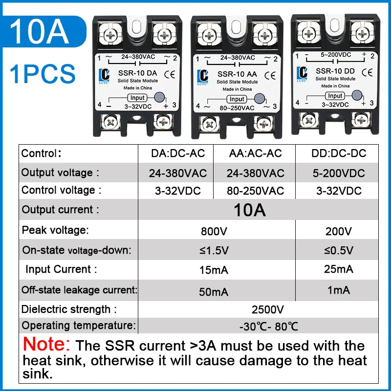 LCTC 1PCS SSR Solid State Relay DC To AC to DC 10A 25A 40A 50A 60A 80A 100A Zero-crossing Relay 3-32VDC