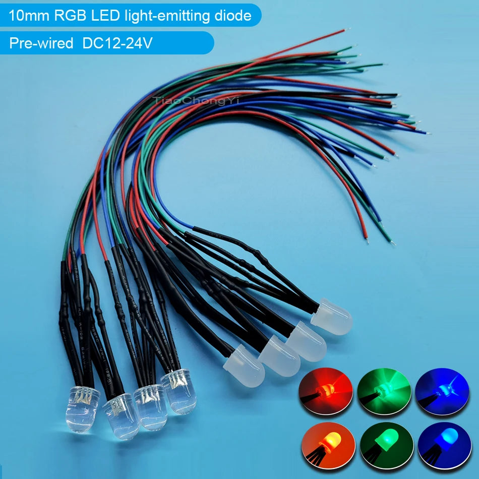 DC12-24V 10mm LED beads Red Green Blue Purple Yellow Pink white UV Round Pre-Wired Water Clear LED With Plastic Holder 10PCS/lot