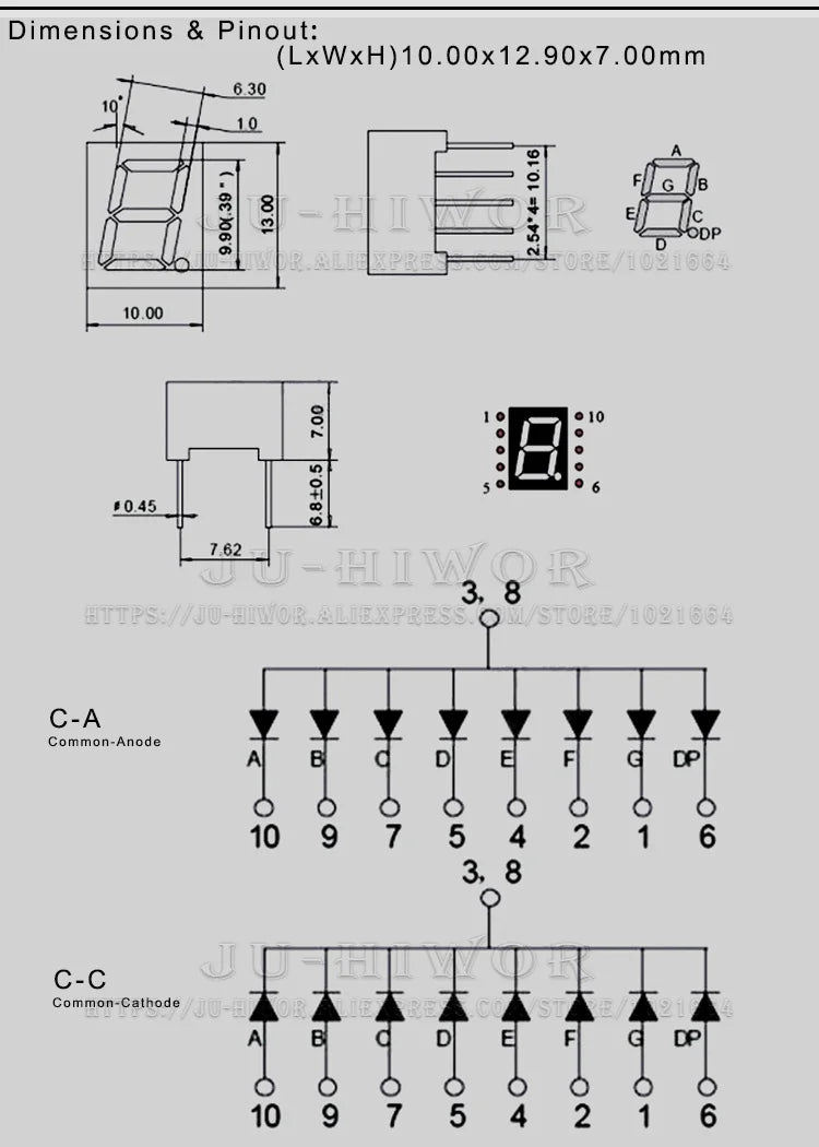 10pcs 0.39 Inch 10Pins 3191AS 3191BS 1 Bit Digit 7 Segment Red LED Digital Display Digitron Common Anode Cathode C-C C-A